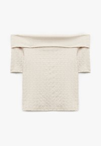 Top sin hombros en beige claro, tejido texturizado con un patrón ondulado; mangas cortas y un escote amplio, corte relajado.