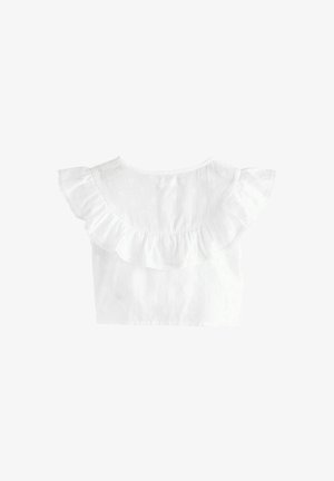 Top alb scurt cu umeri volanți, având un model texturat. Țesătura este ușoară și moale, ideală pentru vreme caldă.