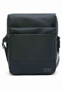Borsa a tracolla blu navy con tessuto testurizzato, tasca frontale con zip, tracolla regolabile e un piccolo accento con il marchio nell'angolo in basso a destra.