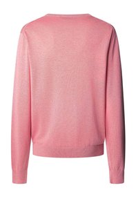 Maglione rosa, realizzato in materiale morbido. Presenta maniche lunghe, orlo a costine e scollatura rotonda. Texture liscia con lievi variazioni.