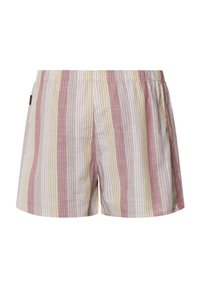 Pantaloni corti leggeri in tessuto morbido con strisce verticali nei colori rosa, giallo e bianco sporco. Vita elastica per una vestibilità e un comfort ottimali.