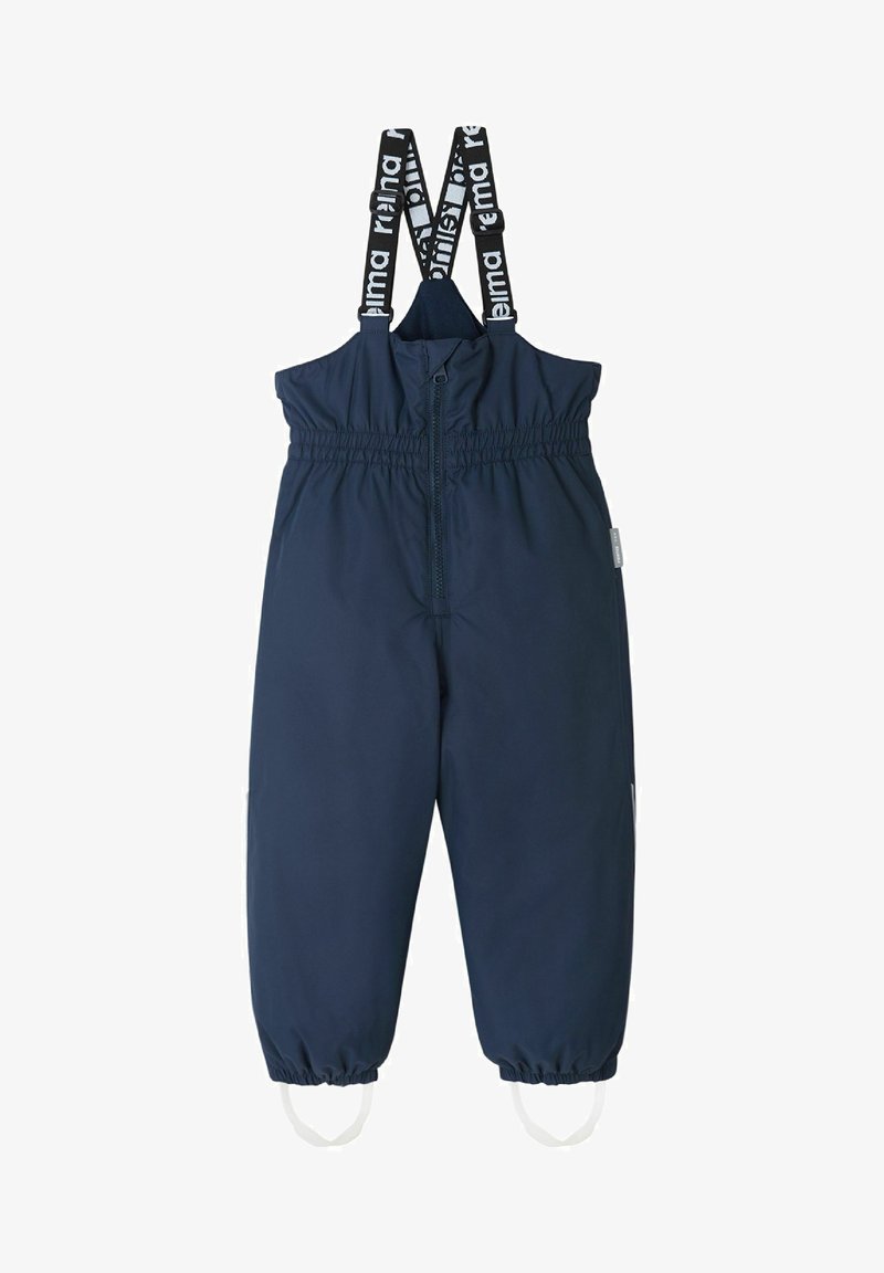 Marineblauwe waterdichte overalls met elastische taille, verstelbare schouderbanden en elastische manchetten. Inclusief witte voetbanden voor een veilige pasvorm.