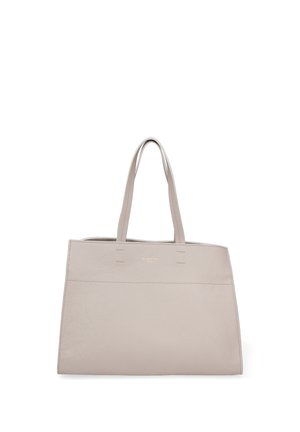 Sac cabas en cuir beige clair avec double anse épaule et finition texturée subtile, forme rectangulaire, sans embellissements visibles.