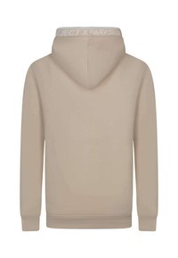 Hoodie beige avec capuche à cordon de serrage, en matériau coton doux, poignets et ourlet côtelés, arborant un logo blanc dans la zone du cou arrière.