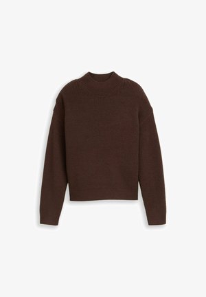 Pull en maille marron à col montant et design à épaules tombantes. Doté de manches longues et d'un ourlet droit, fabriqué dans un matériau texturé doux.