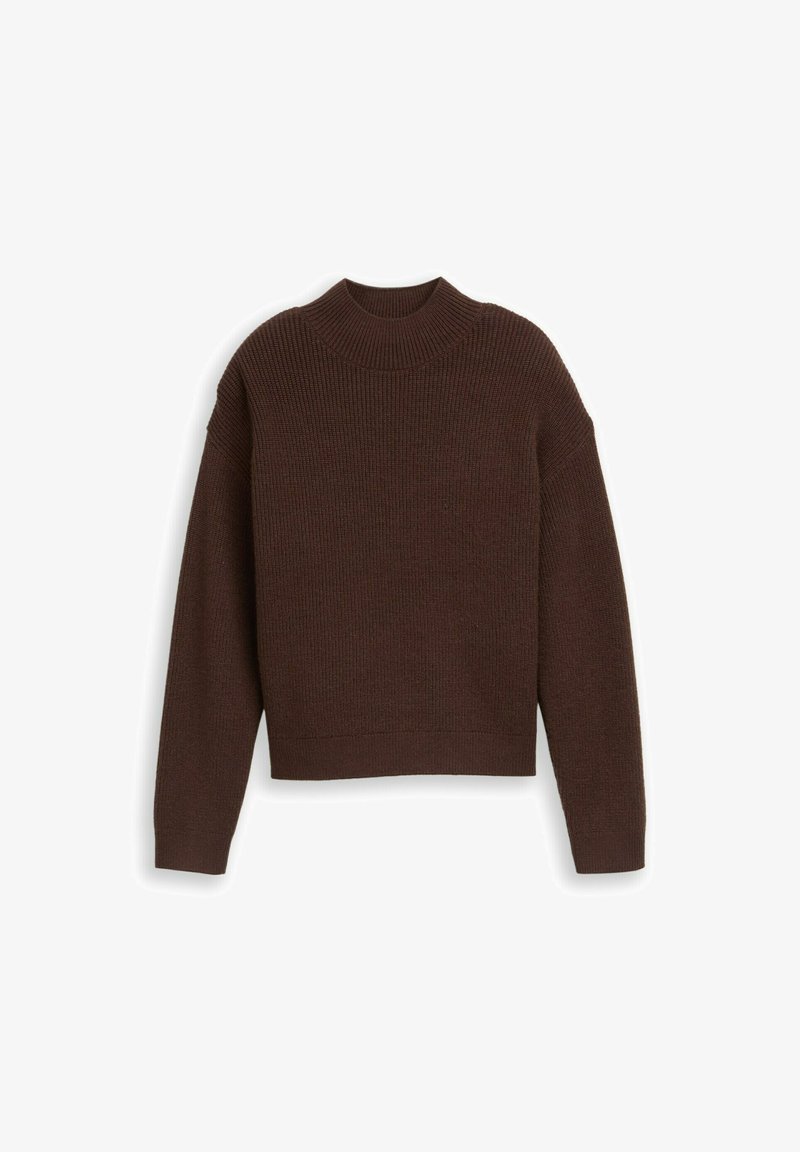 Maglione marrone a costine con colletto alto e design a spalla scesa. Presenta maniche lunghe e orlo dritto, realizzato in un materiale morbido e dal texture piacevole.