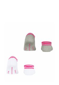 Set von Socken in Grau und Weiß. Graue Socke mit rosa Akzenten am Bündchen, weiße Socke mit ähnlichen rosa Details. Glatte Textur aus Baumwollmischung.