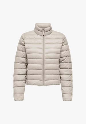 Jasnoszara, krótka kurtka puchowa z poziomym pikowaniem, wysokim kołnierzem i zapięciem na zamek błyskawiczny z przodu.