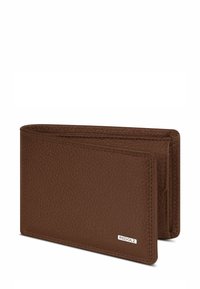 Bruine leren bifold portemonnee met textuur, zichtbaar stiksel en een klein metalen "REDOLZ" logo op de voorste hoek.