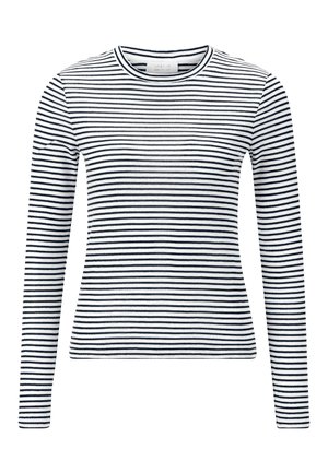 Langarmshirt in Weiß mit marineblauen horizontalen Streifen. Hat einen Rundhalsausschnitt und eine figurnahe Passform. Aus weichem, glattem Baumwollstoff.