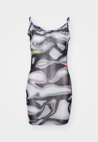 Robe bodycon noire et blanche avec un motif semblable à un liquide, fabriquée en matériau extensible, avec des fines bretelles et un design ajusté.