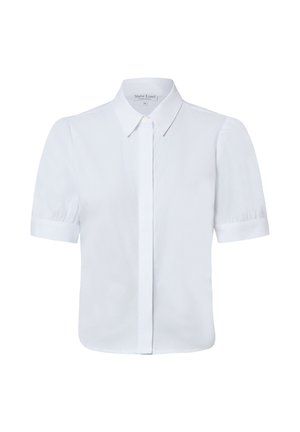 Biała bluzka z krótkim rękawem, z ostrym kołnierzem, ukrytym listwą z guzikami i lekko marszczonymi rękawami.