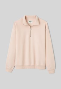 Sweatshirt en rose clair, avec une fermeture à demi-zip, un col et des poignets côtelés. Fabriqué en tissu doux avec un design minimaliste.
