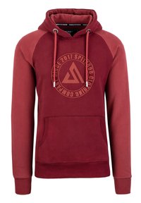Rote Kapuzenjacke mit einer Fronttasche, Raglansleeves und Kordelzugkapuze. Verfügt über ein rundes Logo mit Text auf der Brust in passendem Farbton.