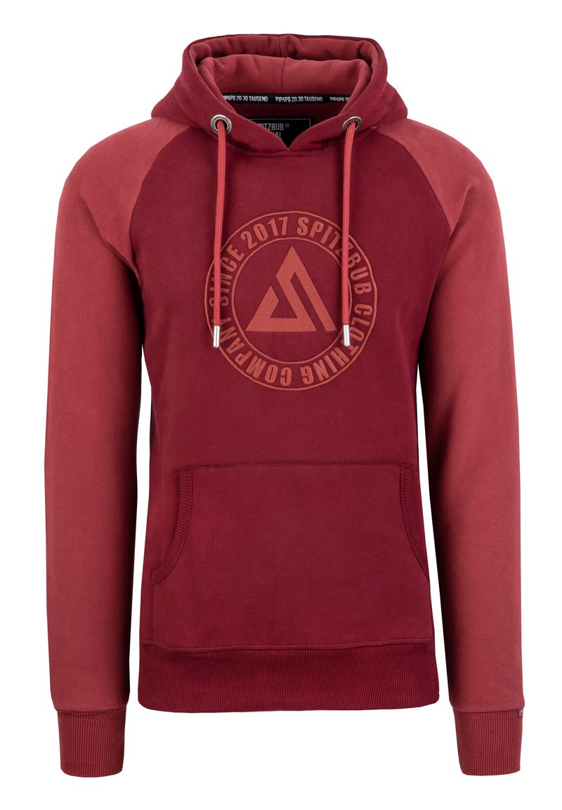Rote Kapuzenjacke mit einer Fronttasche, Raglansleeves und Kordelzugkapuze. Verfügt über ein rundes Logo mit Text auf der Brust in passendem Farbton.