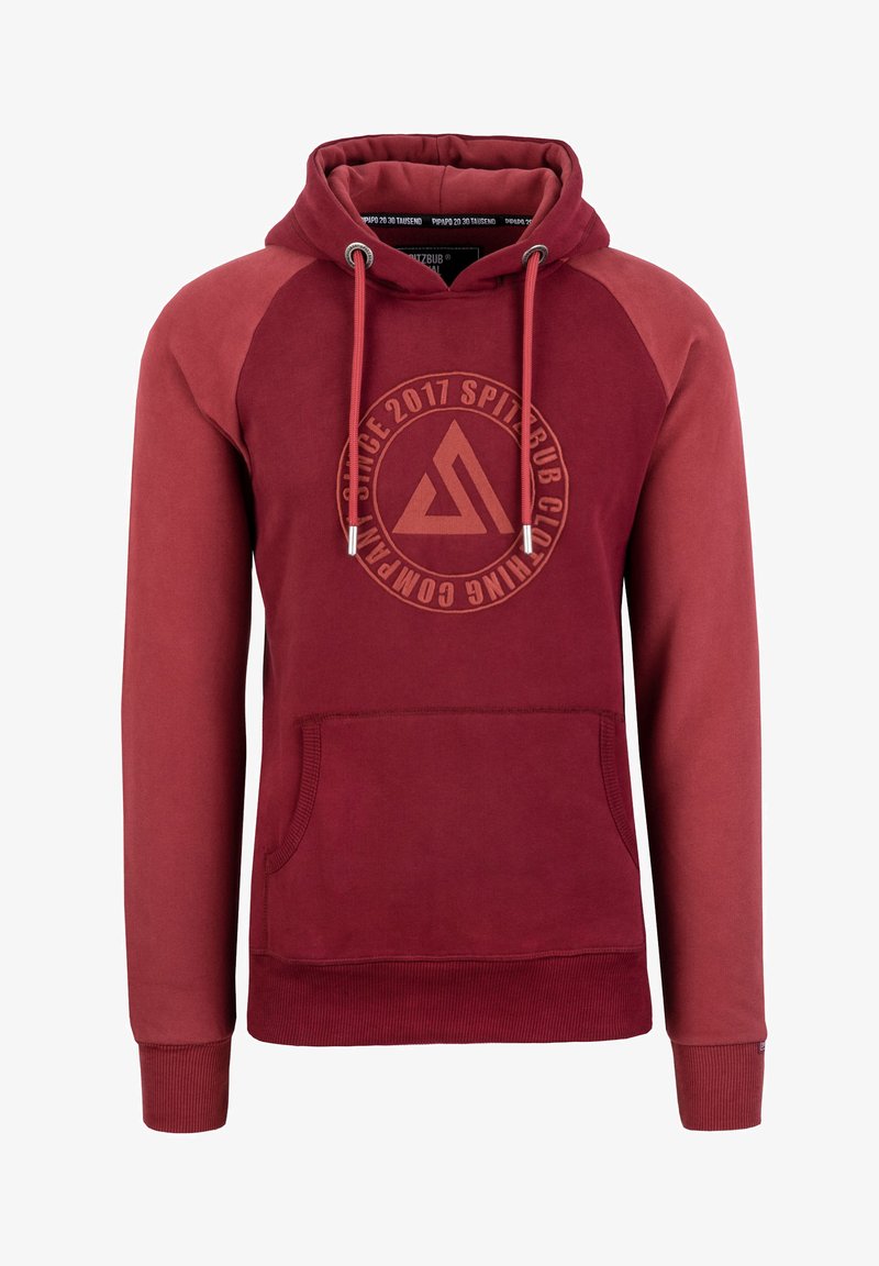 Red hoodie with a front pocket, raglan sleeves, and drawstring hood. Features a circular logo with text on the chest in a matching tone.