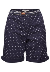 Shorts bleu marine à pois blancs, ourlets roulés et ceinture tressée blanche et beige.