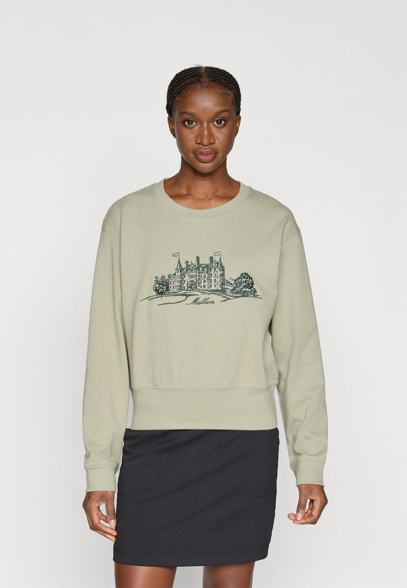 Ανοιχτό πράσινο φούτερ από μαλακό ύφασμα, με λεπτομερή αρχιτεκτονική γραφική απεικόνιση. Το στυλ είναι χαλαρό, με ριμπ μανσέτες και στρίφωμα.