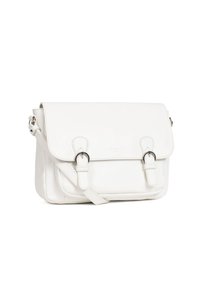 Borsa a tracolla bianca in pelle con pattina, dettaglio a doppia fibbia, tracolla regolabile e texture liscia. Forma rettangolare con bordi arrotondati.