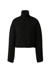 Zwarte cropped coltrui van ribgebreid materiaal, met lange mouwen en een gestructureerd oppervlak. Geen zichtbare hardware of patronen.