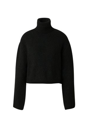 Zwarte cropped coltrui van ribgebreid materiaal, met lange mouwen en een gestructureerd oppervlak. Geen zichtbare hardware of patronen.