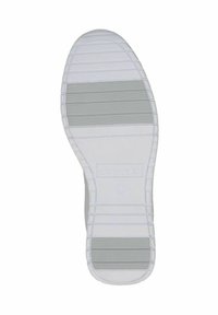 Suola di scarpa bianca con superficie testurizzata e sezione rigata. Presenta un design robusto con bordi rinforzati e un logo del marchio.