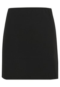 Zwarte mini-jurk gemaakt van glad, rekbaar materiaal. Heeft een eenvoudig ontwerp met een rechte zoom en geen zichtbare accenten of patronen.
