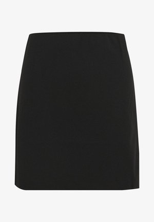 Zwarte mini-jurk gemaakt van glad, rekbaar materiaal. Heeft een eenvoudig ontwerp met een rechte zoom en geen zichtbare accenten of patronen.