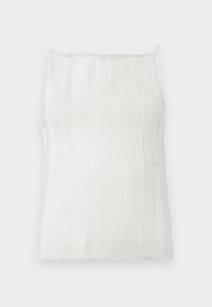White ribbed tank top with thin straps, featuring vertical stripes and a slightly textured surface. Simple, fitted design without embellishments.
