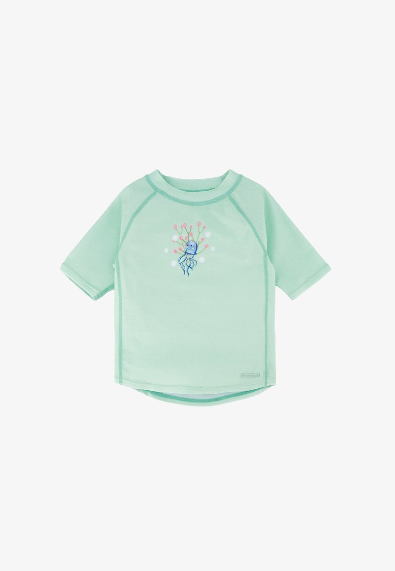 Camiseta de manga corta para protección solar en verde menta con cuello redondo y un dibujo central de una medusa azul caricaturesca sosteniendo burbujas rosas y blancas.