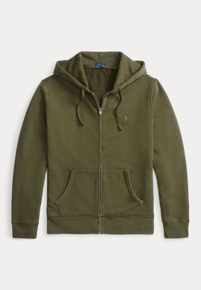 Olive green zip-up hoodie made of soft fabric. Features a drawstring hood, front pockets, and a small logo on the chest.