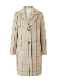Abrigo de cuadros beige hecho de tela texturizada, con líneas naranjas y marrones, cuello solapa, dos bolsillos delanteros y cierre de dos botones.