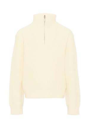 Pull tricoté couleur crème avec manches longues et col montant à demi-fermeture éclair, poignets et ourlet côtelés.