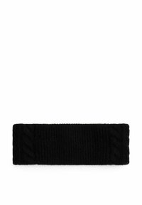Bandeau d'hiver tricoté noir avec un motif de torsades sur les côtés, conçu pour couvrir les oreilles et le front.