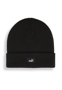 Beanie nero lavorato a maglia con risvolto, caratterizzato da una piccola toppa rettangolare del logo Puma bianco e nero al centro davanti.