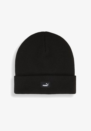 Beanie nero lavorato a maglia con risvolto, caratterizzato da una piccola toppa rettangolare del logo Puma bianco e nero al centro davanti.