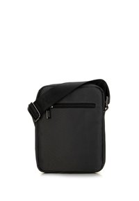 Borsa a tracolla nera in nylon con forma piatta, cinturino regolabile e tasca con zip sul davanti. Tessuto liscio e design minimalista.