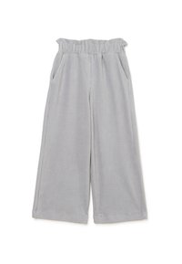 Pantaloni a zampa larghi in velluto a coste grigio chiaro con una vita elastica arricciata e tasche laterali, disposti su uno sfondo bianco.