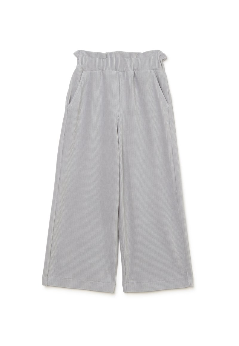 Pantaloni a zampa larghi in velluto a coste grigio chiaro con una vita elastica arricciata e tasche laterali, disposti su uno sfondo bianco.