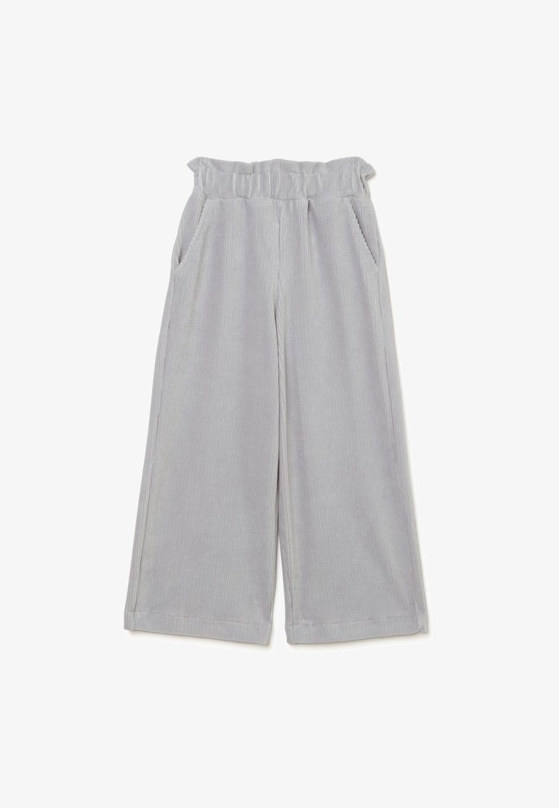 Pantaloni a zampa larghi in velluto a coste grigio chiaro con una vita elastica arricciata e tasche laterali, disposti su uno sfondo bianco.