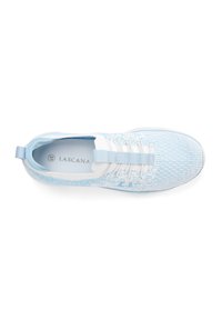 Blue and white athletic shoe with a textured knit upper, featuring a pull tab at the heel and lace-up design. Lascana branding visible inside.