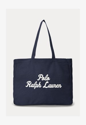 Geantă tote albastru marin cu două curele pentru umăr și logo „Polo Ralph Lauren” brodat alb pe față.
