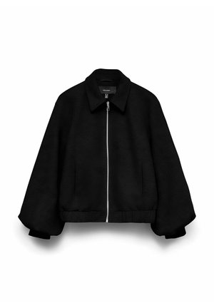 Black bomber jacket with a high collar, full zip closure, and wide sleeves. Made from a textured fabric with a fitted waist.