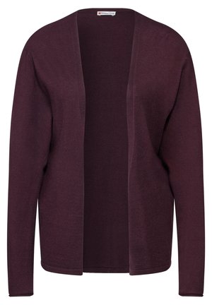 Cardigan violet foncé ouvert sur le devant avec manches longues, en tissu tricoté doux, montrant le devant et les épaules.