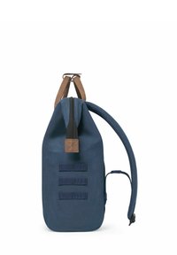 Navy blue backpack made of durable fabric, featuring a zip closure, brown leather accents, and three horizontal webbing straps.