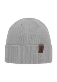Grey knitted beanie with a folded ribbed cuff. Features a brown leather logo patch accented with a deer silhouette. Soft texture.