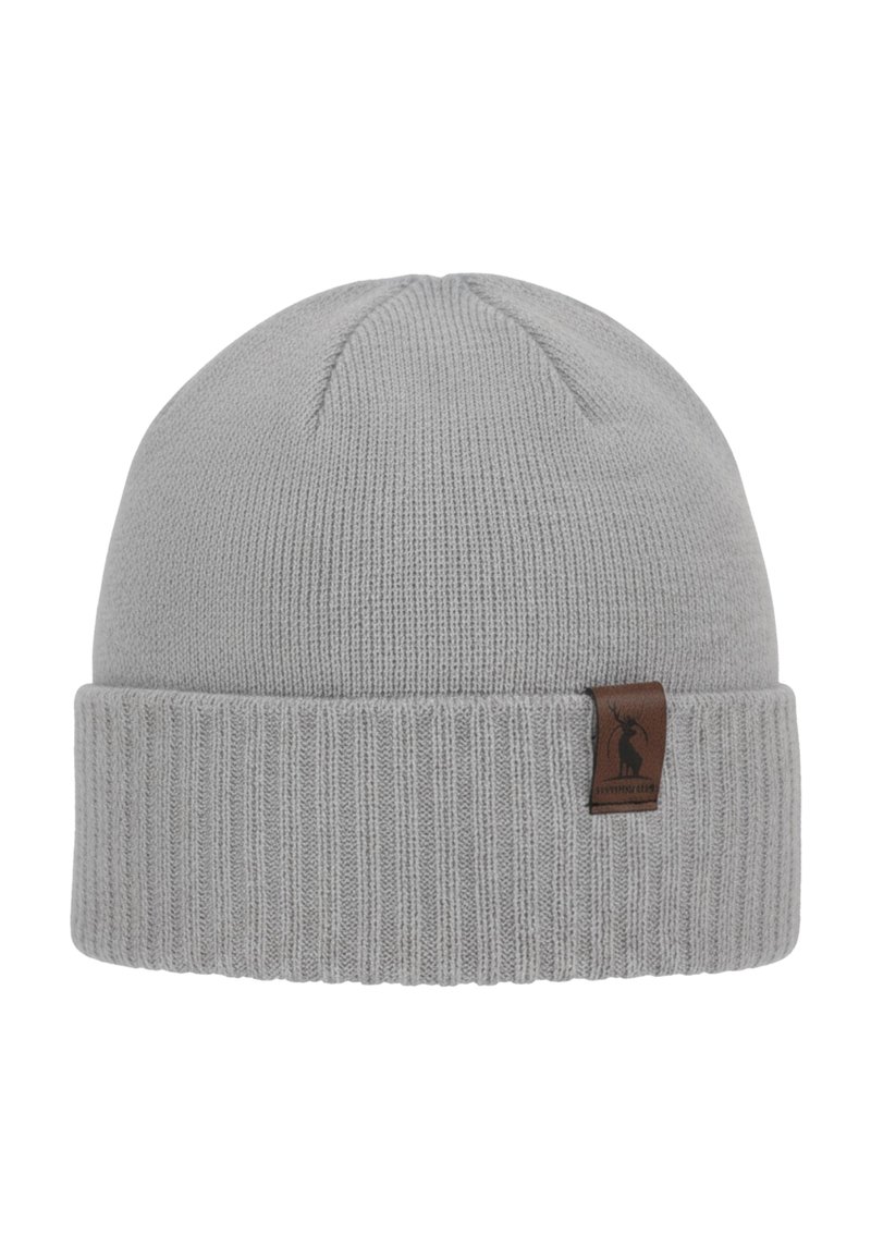 Grey knitted beanie with a folded ribbed cuff. Features a brown leather logo patch accented with a deer silhouette. Soft texture.
