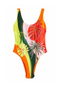 Eén-delig badpak met een levendig bloemenpatroon in kleuren zoals oranje, rood, groen en geel. Glad, rekbaar materiaal.