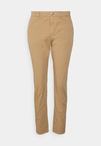 Pantalons chinos beige avec coupe droite, fermeture à boutons à l'avant, et deux poches latérales. Fabriqués dans un tissu lisse et léger.