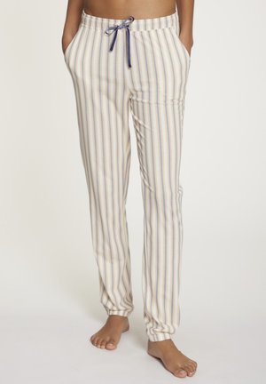 Leichte Lounge-Hosen; vertikale Streifen in Creme, Gelb und Blau. Elastischer Bund mit Kordelzug; seitliche Taschen; schmal zulaufende Bündchen.